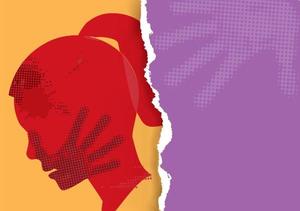woman silhouette with hand print on the face on torn paper background