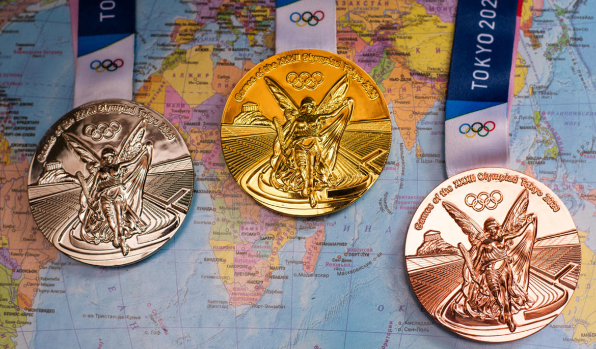 medals with a world map on the background